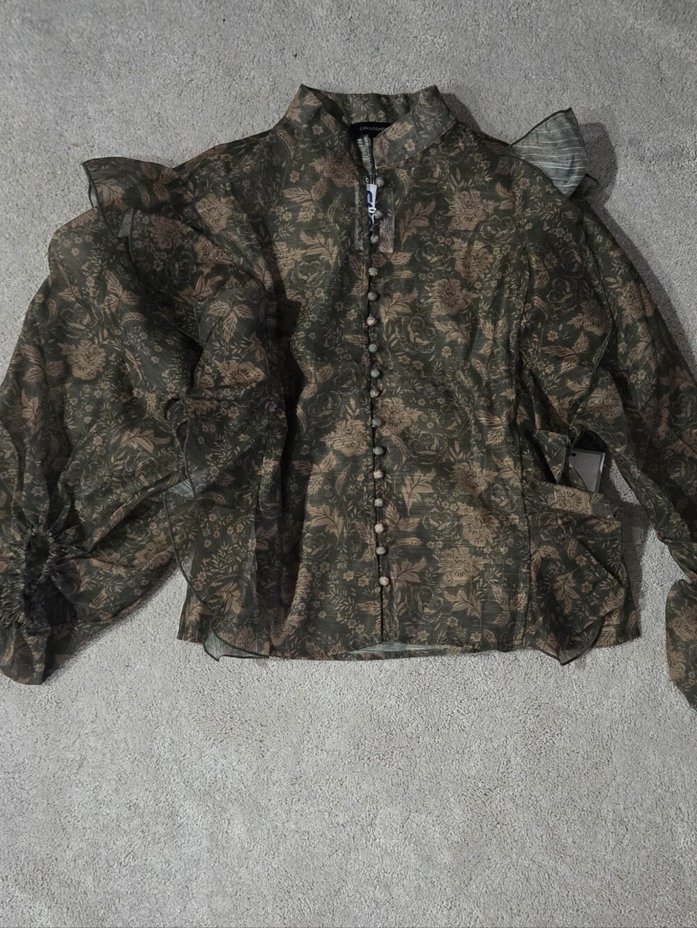 Sheer Floral Organza Blouse in Olive Green - Women